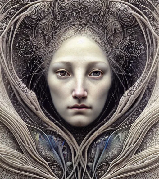 Image similar to detailed realistic beautiful ice goddess face portrait by jean delville, gustave dore, iris van herpen and marco mazzoni, art forms of nature by ernst haeckel, art nouveau, symbolist, visionary, gothic, neo - gothic, pre - raphaelite, fractal lace, intricate alien botanicals, ai biodiversity, surreality, hyperdetailed ultrasharp octane render