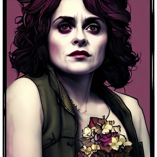 Image similar to helena bonham carter portrait, borderlands, tales from the borderlands, the wolf among us, comic, cinematic lighting, studio quality, 8 k