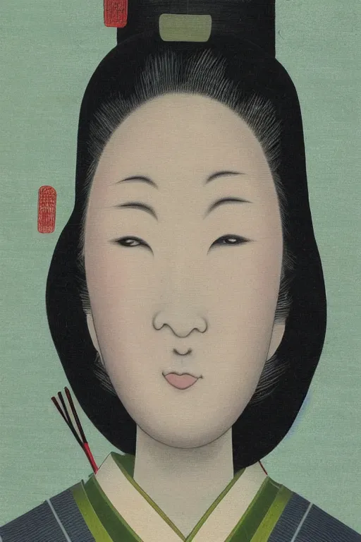 Image similar to native japanese woman with partially masked face, painted by wang neng jun