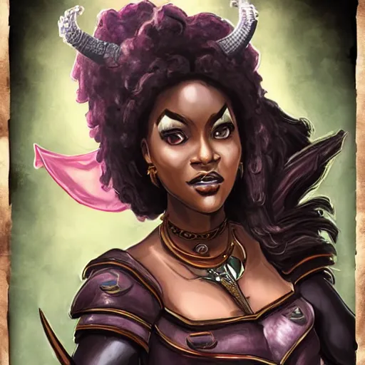 Prompt: black woman with large horns, D&D art style