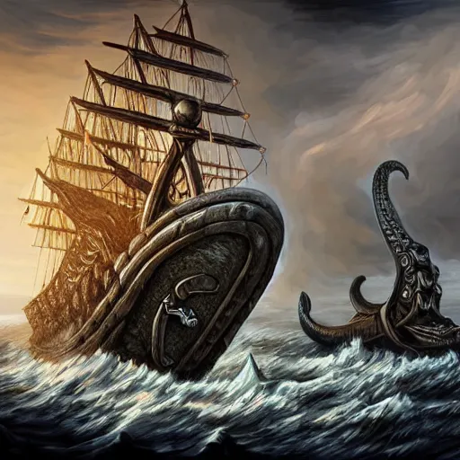 Image similar to kraken attack epic viking ship, centered in picture, epic fantasy, detailed, intricate, digital painting, concept art, realistic, smooth, focus, rim light