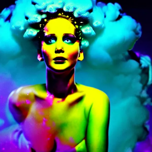 Image similar to jennifer lawrence as the bride of frankenstein, macro photography, glowing retinas, vaporwave, fuscia cyan yellow white powder on face, national geographic