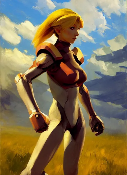 Image similar to Greg Manchess painting of Samus from Metroid Prime, countryside, calm, fantasy character portrait, dynamic pose, above view, sunny day, thunder clouds in the sky, artwork by Jeremy Lipkin and Giuseppe Dangelico Pino and Michael Garmash and Rob Rey, very coherent asymmetrical artwork, sharp edges, perfect face, simple form, 100mm