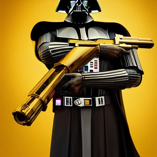 Image similar to gold bordered portrait of darth vader holding a golden ak - 4 7, hyper realistic, surreal, gothic, cyberpunk, nightcore, 4 k, highly detailed, beautifully rendered