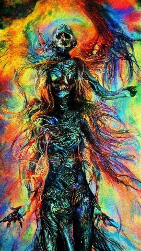 Image similar to the most beautiful supermodel girl burning with unseen colors, photo pic taken by gammell + giger + mcfarlane + del toro + divine god + after life+ realistic delights, rainbow colors drip