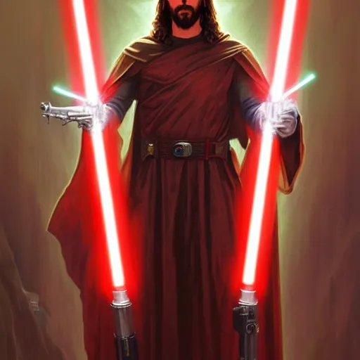Prompt: Jesus Christ as a Sith Lord with red light saber and in power armor, western, D&D, fantasy, intricate, elegant, highly detailed, digital painting, artstation, concept art, matte, sharp focus, illustration, art by Artgerm and Greg Rutkowski and Alphonse Mucha