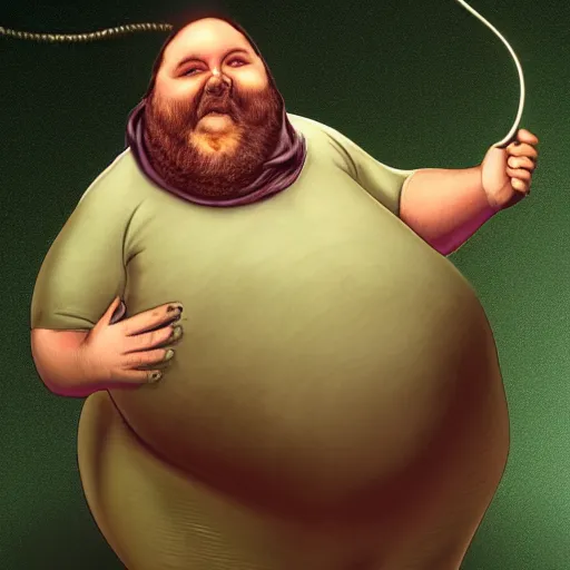 Image similar to hyperreal morbidly obese 2000kilo snake oil salesman wearing authentic purple green sip tech cowboy augmentation and curly snake moustache, fat man standing in front of blank background