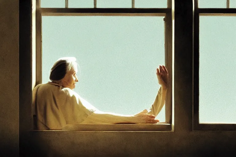 Image similar to a cinematic painting of an old female prisoner inside of jail cell looking out of a window onto a beautiful serene landscape, beautiful lighting, high depth, ultra realistic, artistic, by annie leibovitz, by gregory crewdson