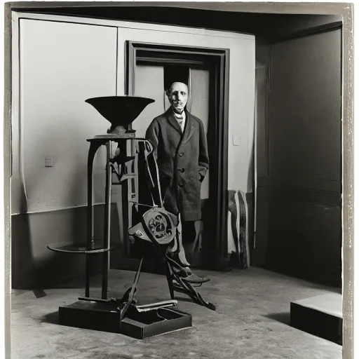 Image similar to underexposed photo of Marcel Duchamp in a room full with an ancient machine, tri-x, Irving Penn, Jeff Wall, archival pigment print, contemporary art