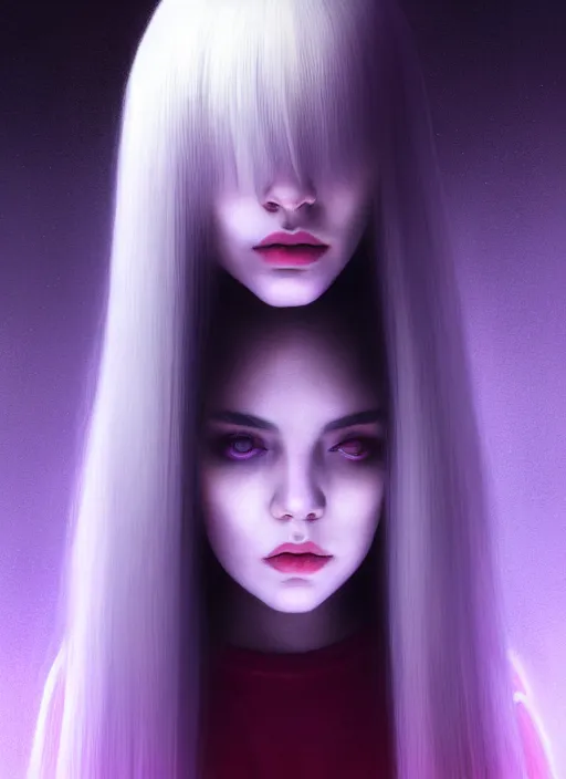 Image similar to hair whitebangs hair, black hair, whitebangs, portrait of teenage girl with white bangs, red irises, purple clothes, white bangs, bangs are different color from hair, intricate, elegant, glowing lights, highly detailed, digital painting, artstation, concept art, smooth, sharp focus, illustration, art by wlop, mars ravelo and greg rutkowski