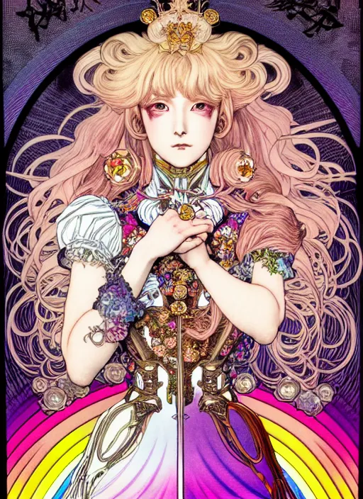 Image similar to highly detailed terada katsuya artstation ayami kojima manga poster of princess mechine, rainbow gradient reflection, long hair, armor, dress, laces, ruffles, 8 k, maximalist,, jump comics, tomer hanuka, alphonse mucha