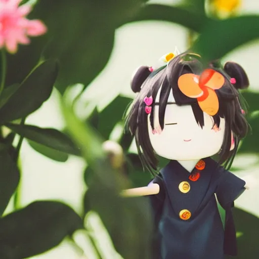 Image similar to 35mm of a very cute adorable and creative Japanese mascot character, very magical and dreamy, kawaii, lush plant and magical details