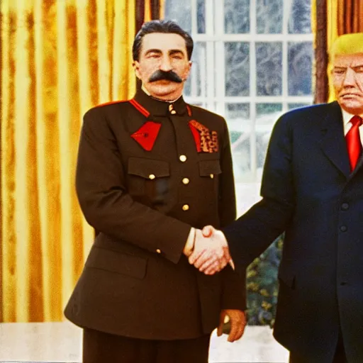 Image similar to color photo of stalin and trump shaking hands, award winning photo, 3 5 mm camera