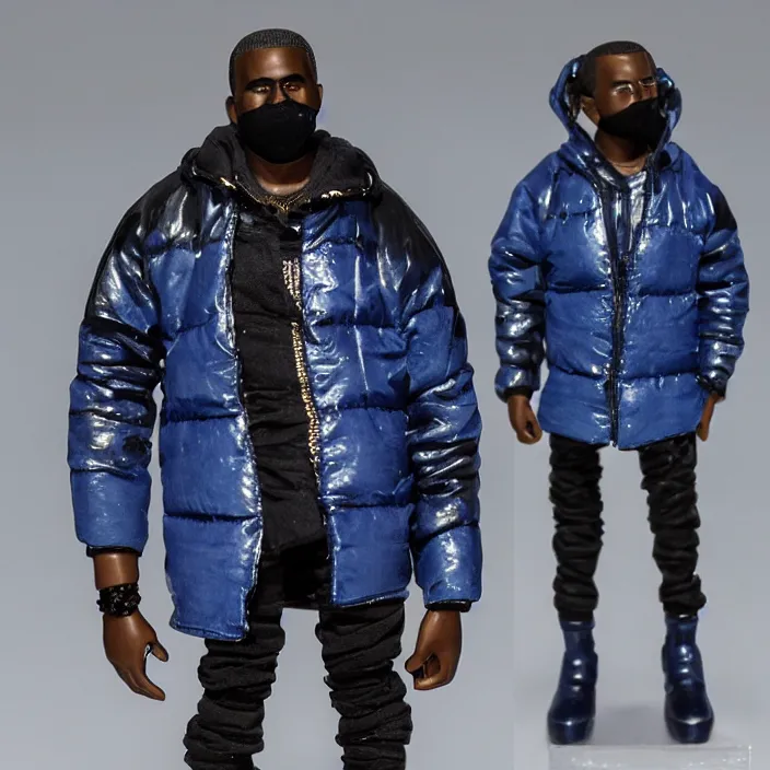 Prompt: a goodsmile figure of kanye west using full face - covering mask with small holes. a small, tight, undersized reflective bright blue round puffer jacket made of nylon. a black shirt underneath. dark jeans pants. a pair of big black rubber boots, figurine, detailed product photo