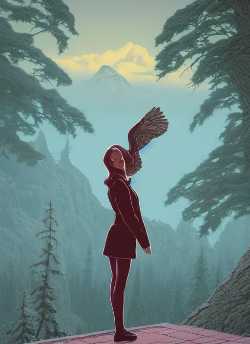 Prompt: Twin Peaks poster artwork by Michael Whelan and Tomer Hanuka, Rendering of woman with large owl wings behind her, full of details, by Makoto Shinkai and thomas kinkade, Matte painting, trending on artstation and unreal engine