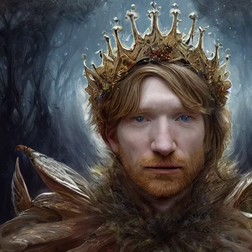 Image similar to closeup portrait shot of domhnall gleeson as king oberon, fairy wings, lord of beasts, highly detailed, digital painting, artstation, concept art, soft focus, depth of field, artgerm, tomasz alen kopera, peter mohrbacher, donato giancola, wlop, boris vallejo