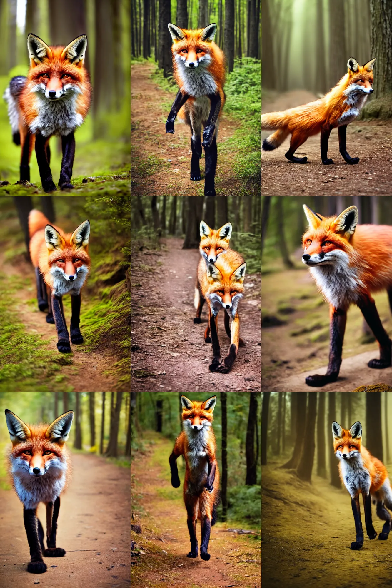 Prompt: anthro digitigrade natural - colored fox person with black paws, walking upright in a forest, bokeh