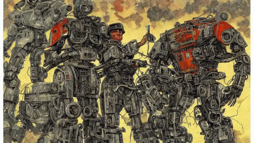 Image similar to Soviet mechs in the style of Norman Rockwell, sci-fi illustrations, highly detailed, award-winning, patriotic, soviet, ussr, dark, gritty, ink