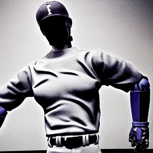 Image similar to a realistic detailed photo of a guy who is an attractive humanoid who is half robot and half humanoid, who is a male android, attractive and handsome baseball players, shiny skin, posing like a statue, blank stare, in a factory, on display, showing off his muscles, wearing baseball uniforms, side view, looking at each other mindlessly