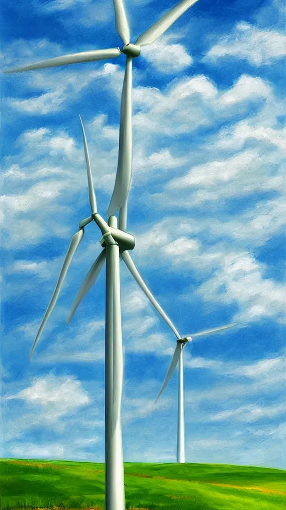 Image similar to a wind turbine, blue sky, sunshine,green land, highly detailed, digital painting