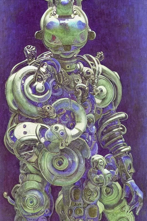 Prompt: sculpture of an ornate robot cat, by annie swynnerton and diego rivera and nicholas roerich and jean delville, symbolist, dramatic lighting, god rays, elaborate geometric ornament, art brut, colors are soft greens and blues and purple, smooth, sharp focus, extremely detailed, adolf wolfli and ( donato giancola )