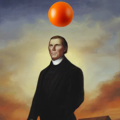 Prompt: a presidential painting of a president with no head, and only an orange sphere above his neck, played by christian bale