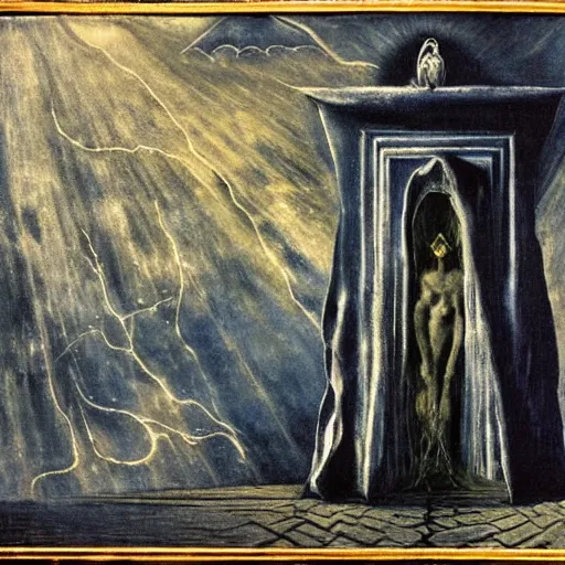 Image similar to I saw Satan fall like lightning from heaven. El Greco, Remedios Varo, Salvador Dali, Carl Gustav Carus, John Atkinson Grimshaw. Blue tint. Symetrical, logo, geometric shapes.