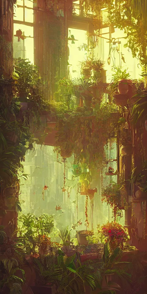 Prompt: lush solarpunk victorian windowsill with lush plants on it, interior of room, looking out toward a solarpunk cityscape, vignette of windowsill, golden hour, dramatic lighting, detailed digital concept art by anton fadeev and marc simonetti, trending on artstation