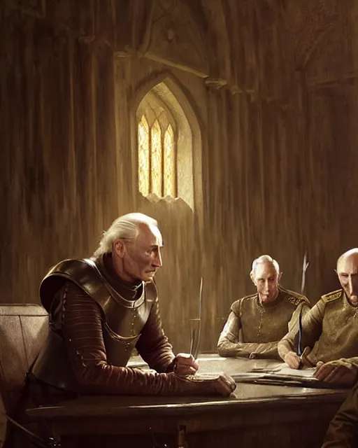 Image similar to middle ages, tywin lannister discusses war strategy with his military advisors, council chambers, game of thrones | | realistic shaded, fine details, realistic shaded lighting painting by greg rutkowski, diego gisbert llorens, magali villeneuve, artgerm, jeremy lipkin, michael garmash, rob rey