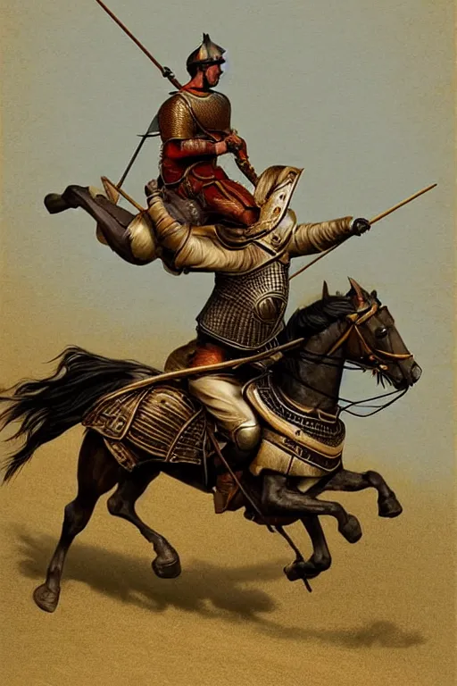 Image similar to ( ( ( ( ( ( ( a knight riding a horse with wagon wheels ) ) ) ) ) ) ) by chris mcgrath and greg rutowski and wlop!!!!!!!!!!!!!! muted colors, detailed