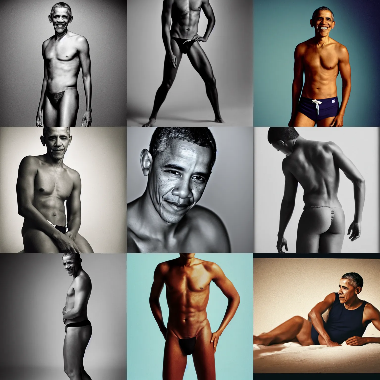 Prompt: Photo of Barack Obama in swimsuit, soft studio lighting, photo taken by Anne Liebovitz for Abercrombie and Fitch, award-winning photograph, 24mm f/1.4