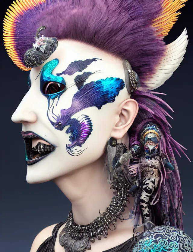 Image similar to 3 d goddess close - up profile portrait punk with mohawk with ram skull. beautiful intricately detailed japanese crow kitsune mask and clasical japanese kimono. betta fish, jellyfish phoenix, bio luminescent, plasma, ice, water, wind, creature, artwork by tooth wu and wlop and beeple and greg rutkowski