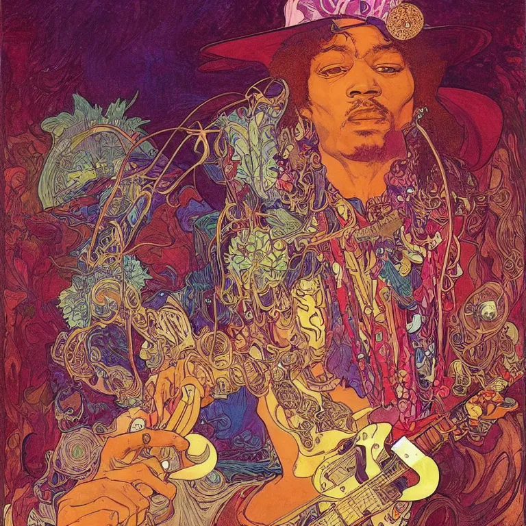 Image similar to colorfull artwork by Franklin Booth and Alphonse Mucha and Moebius showing a portrait of Jimi Hendrix as a futuristic space shaman