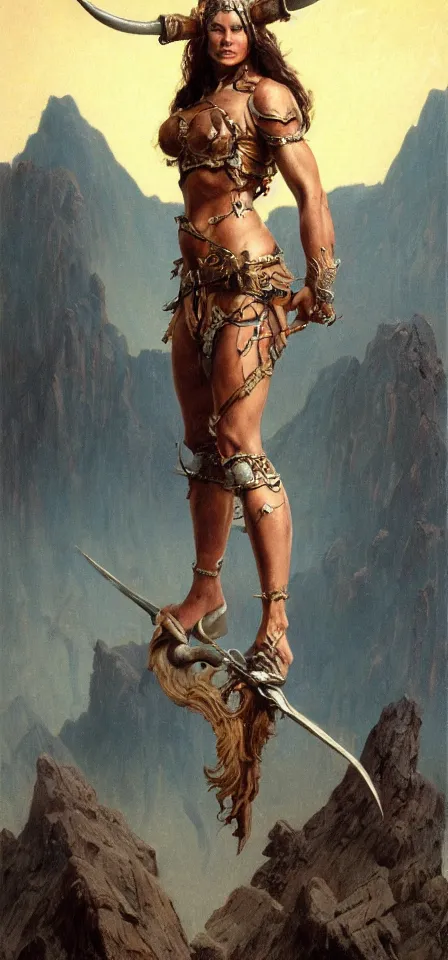 Prompt: full body portrait of a strong fierce female barbarian wearing a horned helmet triumphantly standing on a cliff by Frank Frazetta and Jean Delville, trending on artstation, cgsociety, wlop, cosmic, epic, stunning, gorgeous cinematic lightning