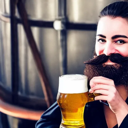 Image similar to a photo of a woman with a beard and moustache. she is smiling and drinking a big german beer.