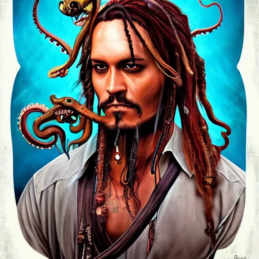 Image similar to Lofi BioPunk Lovecraft Lovecraftian portrait of Jack Sparrow with an octopus Pixar style by Tristan Eaton Stanley Artgerm and Tom Bagshaw