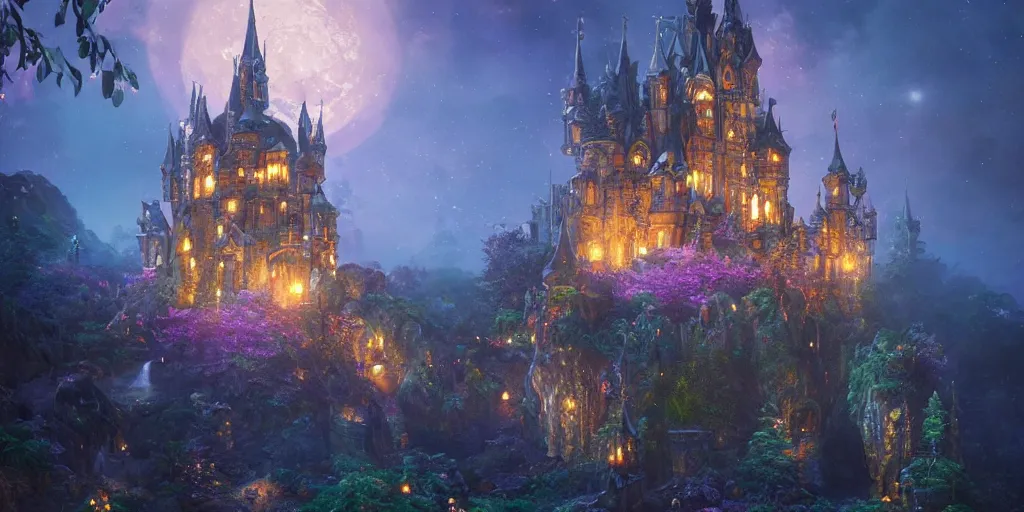 Prompt: a glittering fairy castle at night, extremely detailed oil painting, unreal 5 render, fantasy digital art, octane render, beautiful composition, trending on artstation, award-winning photograph, masterpiece