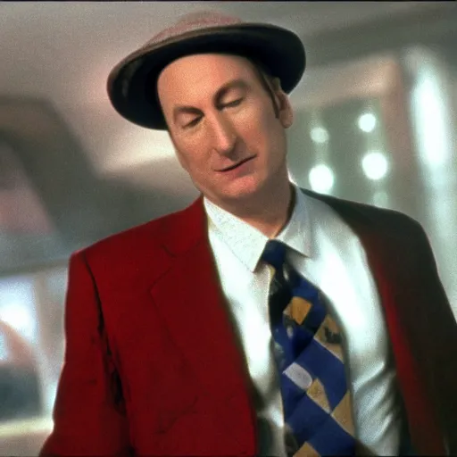 Image similar to film still of Bob Odenkirk as Stan S Stanman wearing a hat and checkerboard suit in the Monkey Island movie