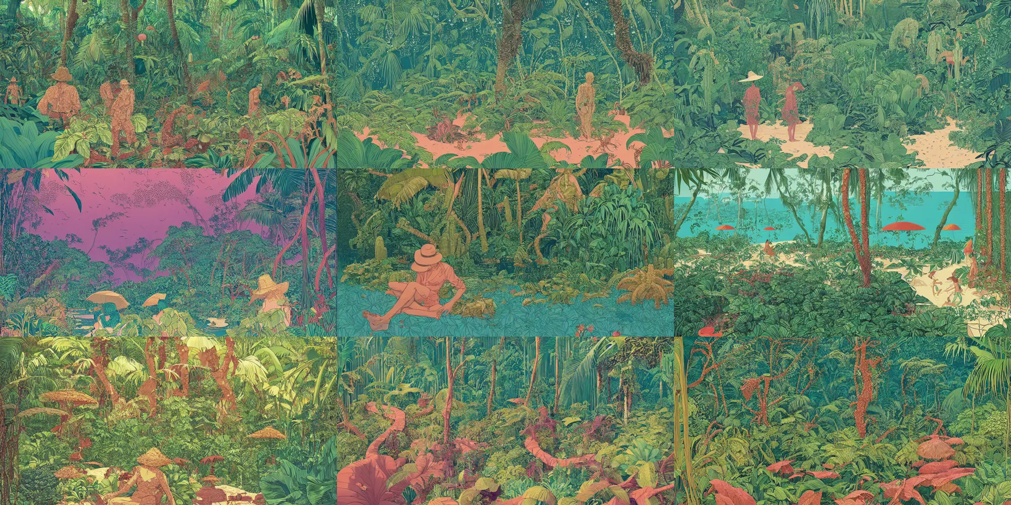 Prompt: desert island shore with lush jungle, by victo ngai, moebius, jean giraud, hyperrealism, intricate detailed