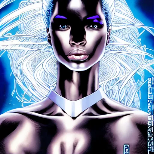 Image similar to portrait of ororo from xmen, symmetrical, by yoichi hatakenaka, masamune shirow, josan gonzales and dan mumford, deayami kojima, takato yamamoto, barclay shaw, karol bak, yukito kishiro