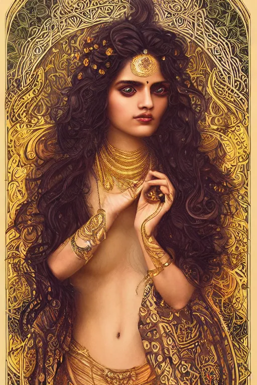 Image similar to a stunning ultradetailed illustration of an indian woman with epic wavy hair surrounded by paisleys and art nouveau floral patterns, by vania zouravilov and tom bagshaw, deep depth of field, studio lighting, golden ratio composition, 3 5 mm lens, very detailed, 8 k, artstation