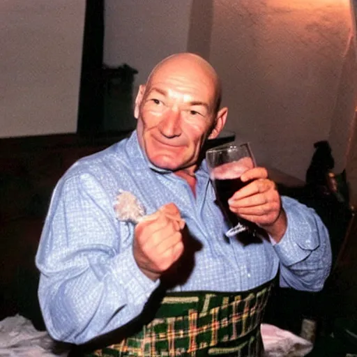 Image similar to fat patrick stewart in a dress drinking alcohol