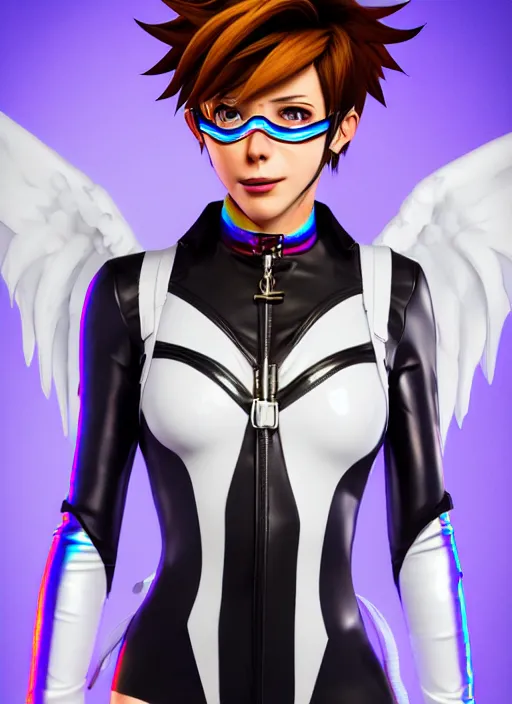Image similar to portrait bust digital artwork of tracer overwatch, wearing white iridescent rainbow latex and leather straps catsuit outfit, 4 k, expressive happy smug expression, makeup, in style of mark arian, angel wings, wearing detailed black leather collar, chains, black leather harness, detailed face and eyes,
