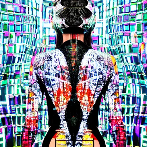 Image similar to love, diverse overlayed double exposure cybersuits, from behind, wide wide angle, vivid, elaborate, highly detailed, combined, beautiful lighting