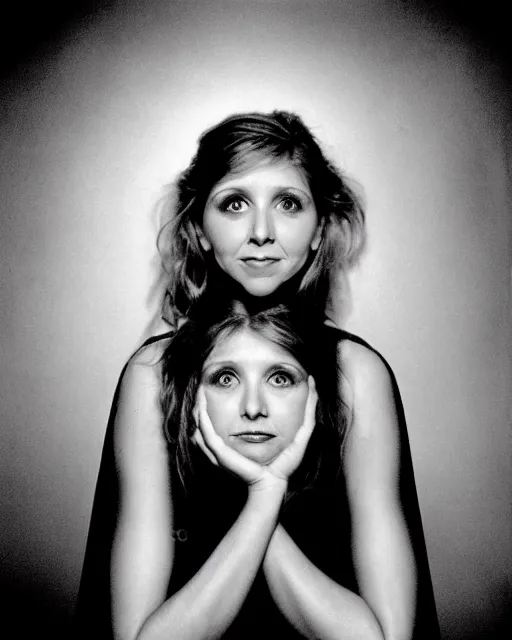 Image similar to award winning photo of Sarah Chalke, chesterfield lounge, symmetrical face, beautiful eyes, studio lighting, wide shot art by Sally Mann & Arnold Newman