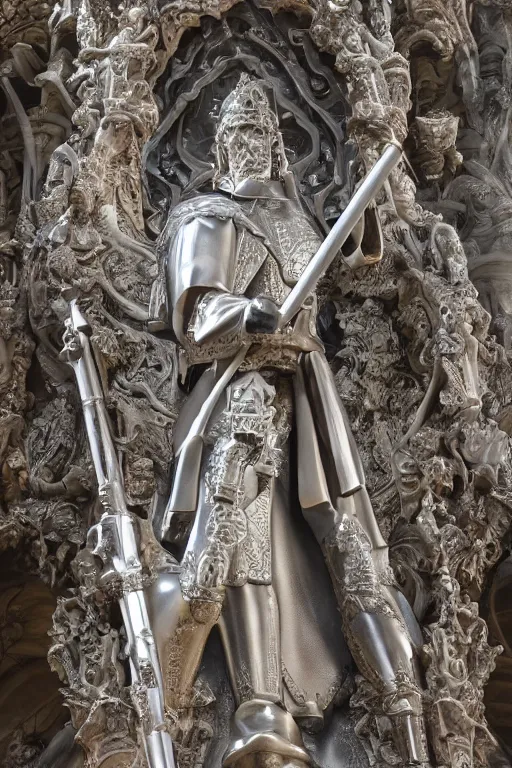 Image similar to a cinematic view of a ornated intricate gothic sacred statue of saint george made in light concrete, with few ornaments in shiny polished chrome, sculpted by gaudi