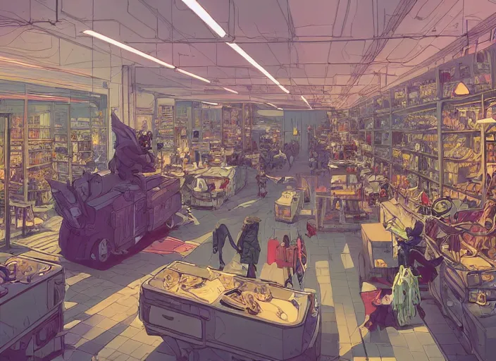 Image similar to large fancy showroom for products. sharp focus, cinematic pose, cinematic lighting, unreal engine render. art by josan gonzales and moebius and deathburger.