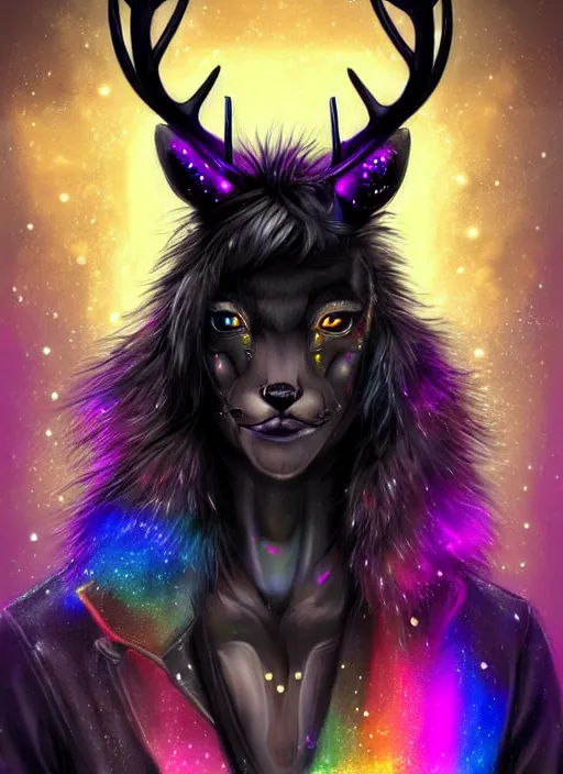 Image similar to award winning beautiful portrait commission of a male furry anthro Black Reindeer cyberpunk fursona with a tail, wings, wings, wings and a cute beautiful attractive detailed furry face wearing a crown, stylish black and rainbow galaxy clothes, outline, in a cyberpunk city at night while it rains. Character design by charlie bowater, ross tran, artgerm, and makoto shinkai, detailed, inked, western comic book art