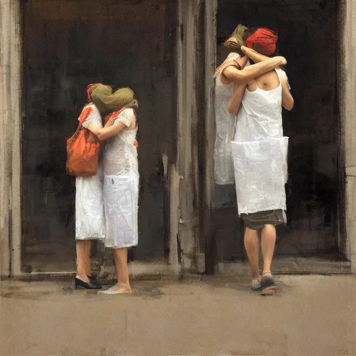 Image similar to two women hugging with a paper bag over the head dressed in plastic bags by jeremy mann and edward hopper
