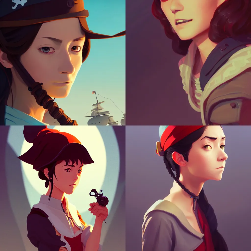 Prompt: portrait of a young woman pirate, artstation, elegant, highly detailed, digital painting, concept art, smooth, sharp focus, illustration, art by studio ghibli, fujita goro, atey ghailan, tom whalen, jean giraud 8 k